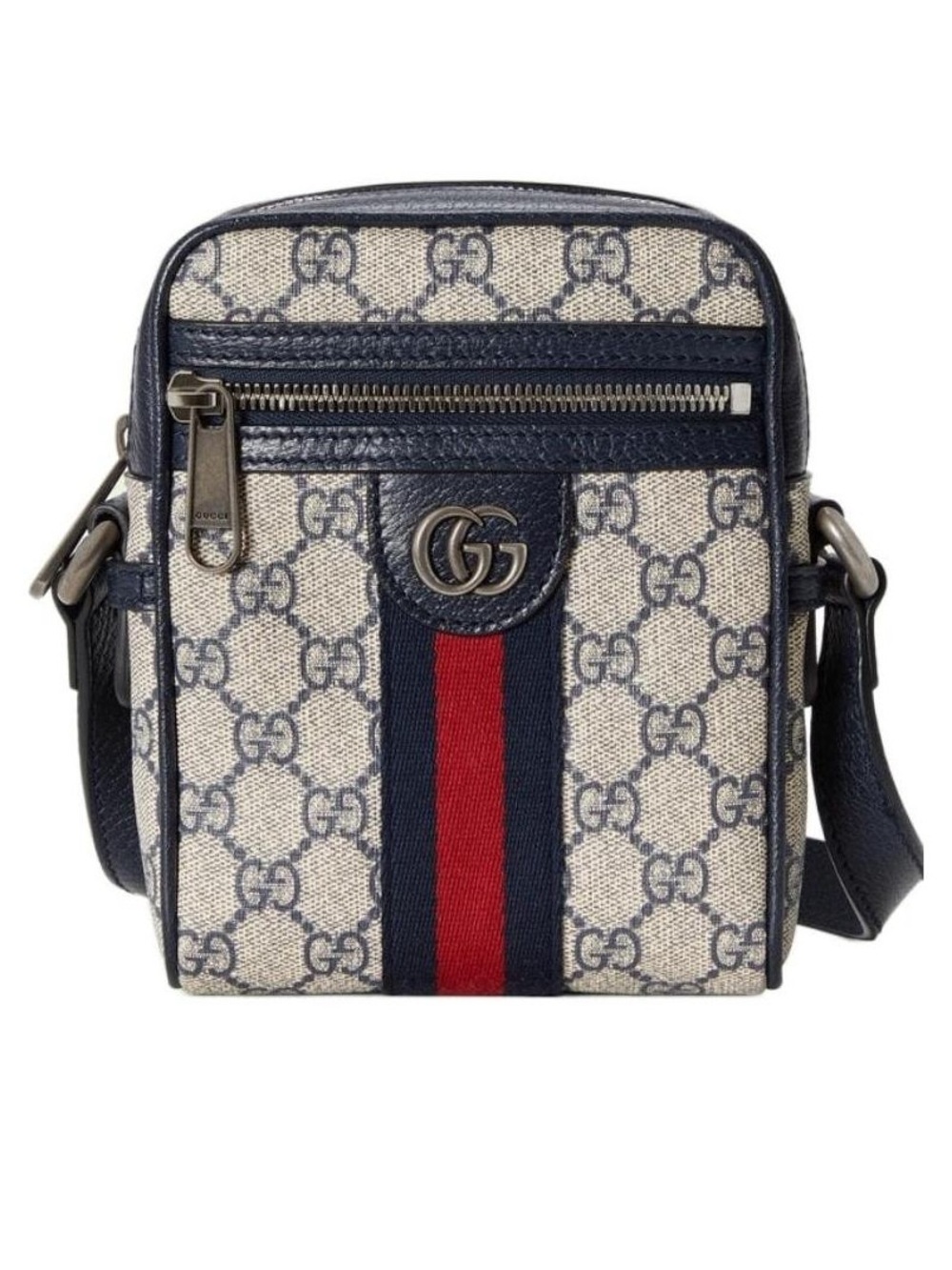 Gucci Beige GG Supreme Crossbody with Navy Trim and Red Stripe